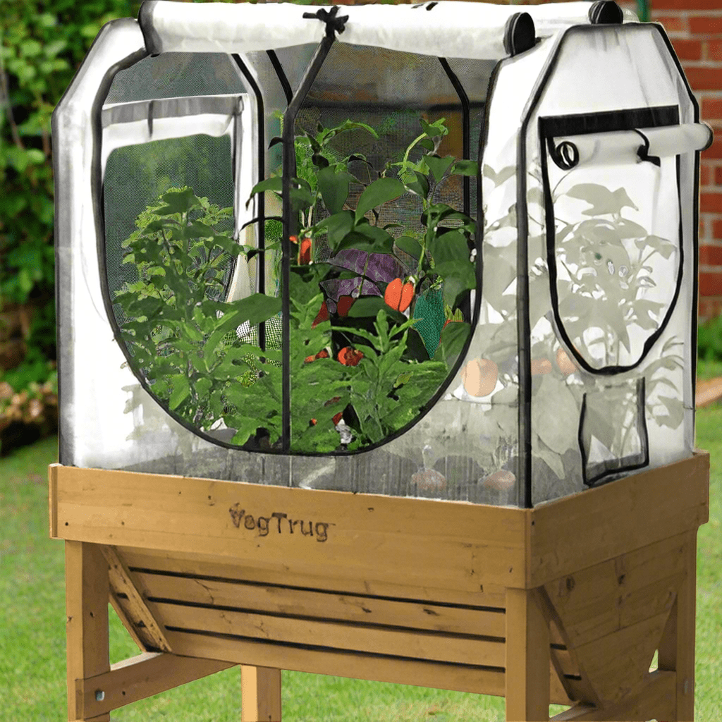 Image of the Classic Greenhouse Frame Multi Cover Set installed on a classic Vegtrug, available in small and medium sizes, showcasing its durable design and secure fit.