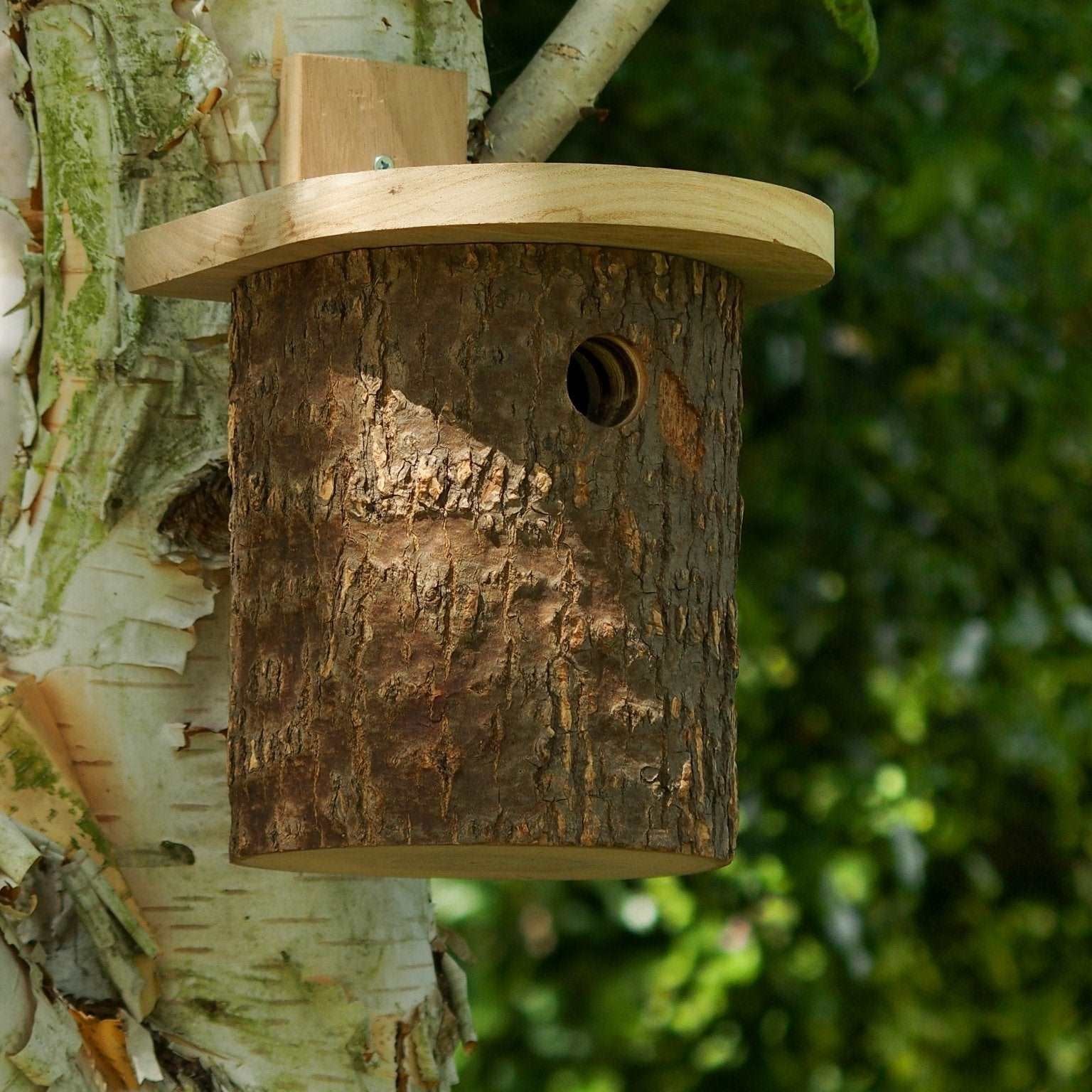 Natural Log Bird Nester (Green) - The Irish Gardener Store Natural Log Bird Nester, rustic wooden design with natural bark exterior, green-painted slanted roof, circular entrance hole for small birds, eco-friendly bird nesting box, ideal for garden and outdoor use, wildlife-friendly habitat