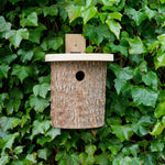 Natural Log Bird Nester (Green) - The Irish Gardener Store Natural Log Bird Nester, rustic wooden design with natural bark exterior, green-painted slanted roof, circular entrance hole for small birds, eco-friendly bird nesting box, ideal for garden and outdoor use, wildlife-friendly habitat
