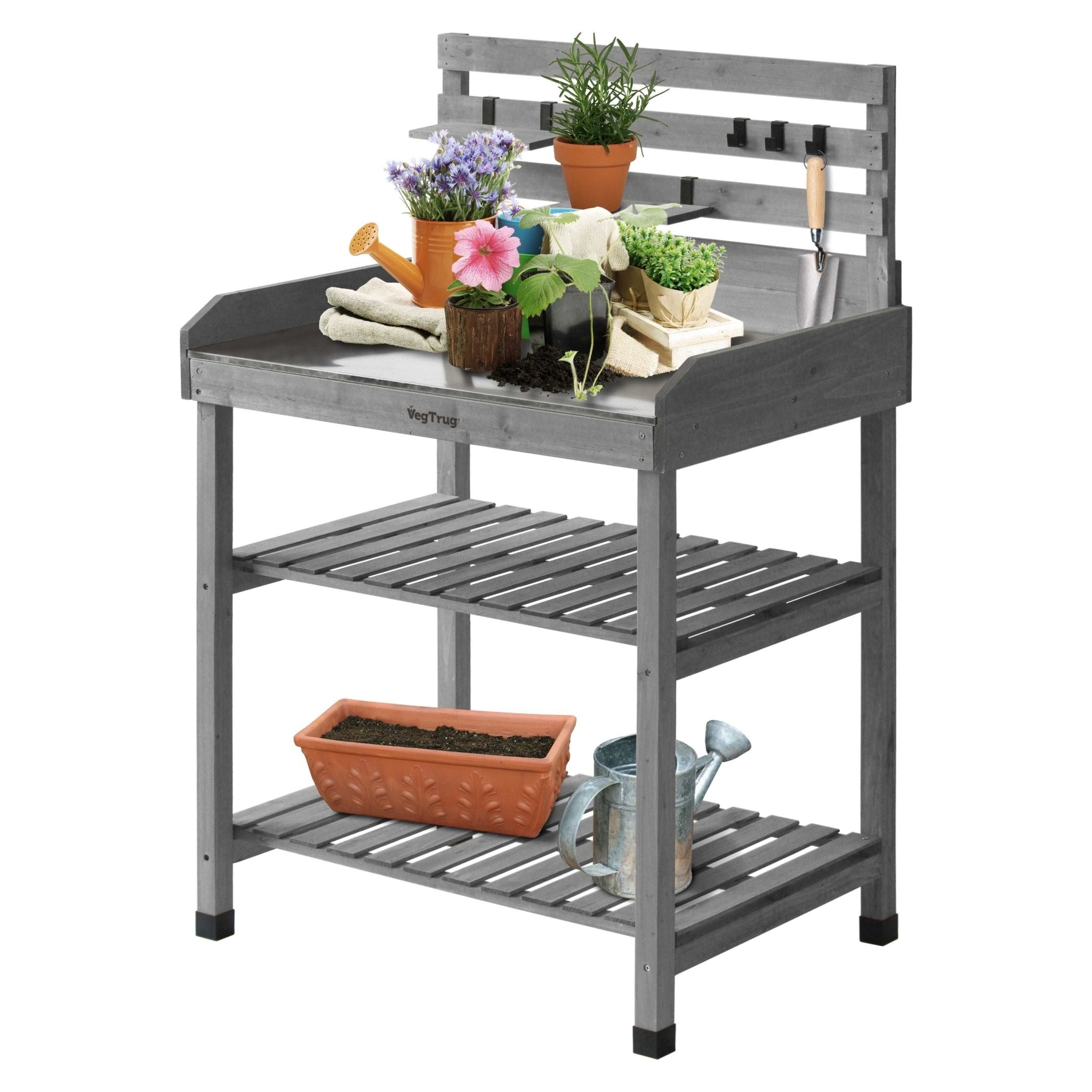 Image of the VegTrug Potting Table available in Natural Colour and Grey Wash, showcasing its spacious worktop and durable design.