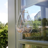 Transparent dewdrop-shaped window bird feeder, made of clear acrylic, attached to a window with suction cups, filled with birdseed  rope accent for decorative touch, modern bird feeder design, surrounded by blurred greenery in the background