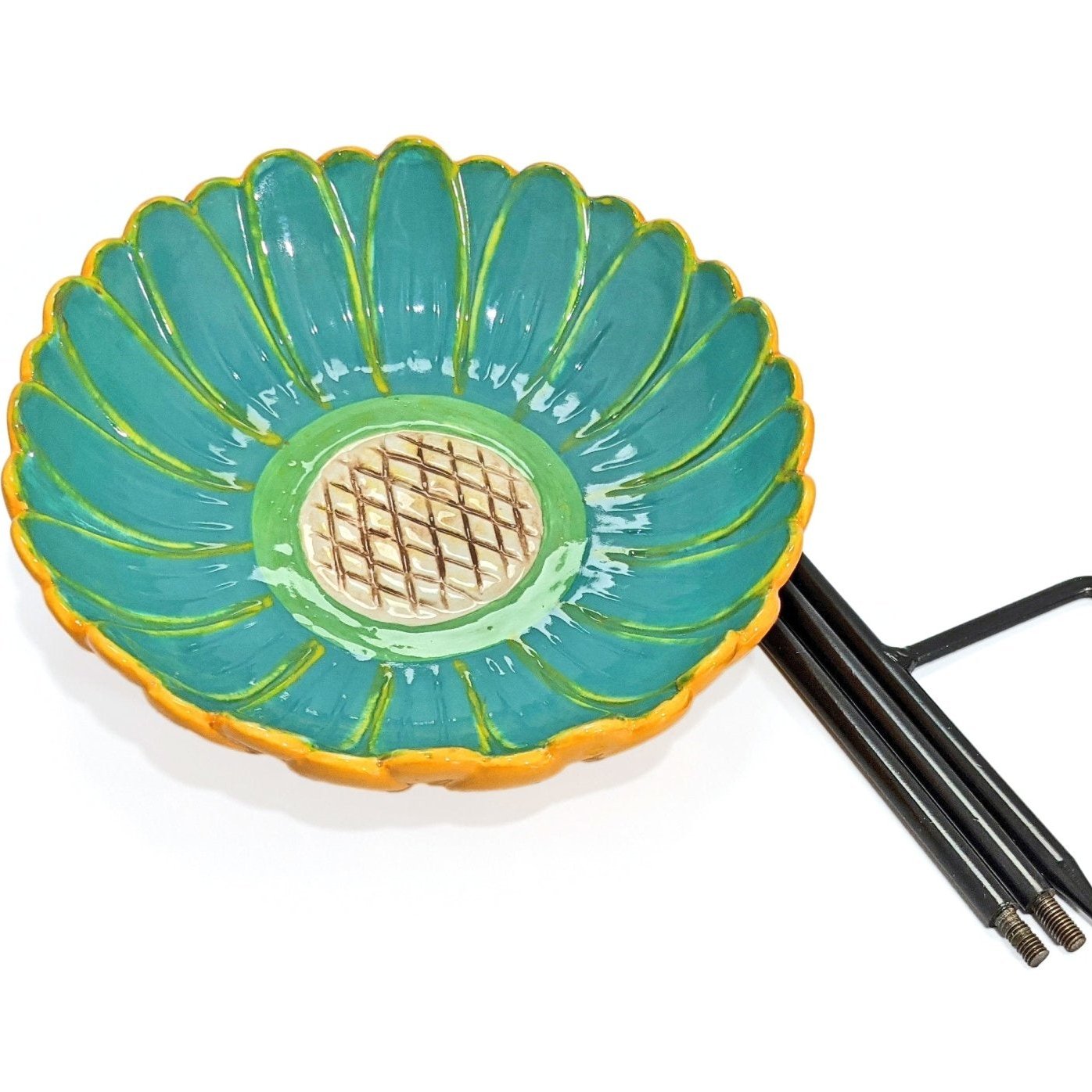 Ceramic African Daisy Bird Drinker, daisy-shaped turquoise and yellow ceramic bowl, disassembled metal stand included, durable and weather-resistant, ideal for bird hydration and garden décor