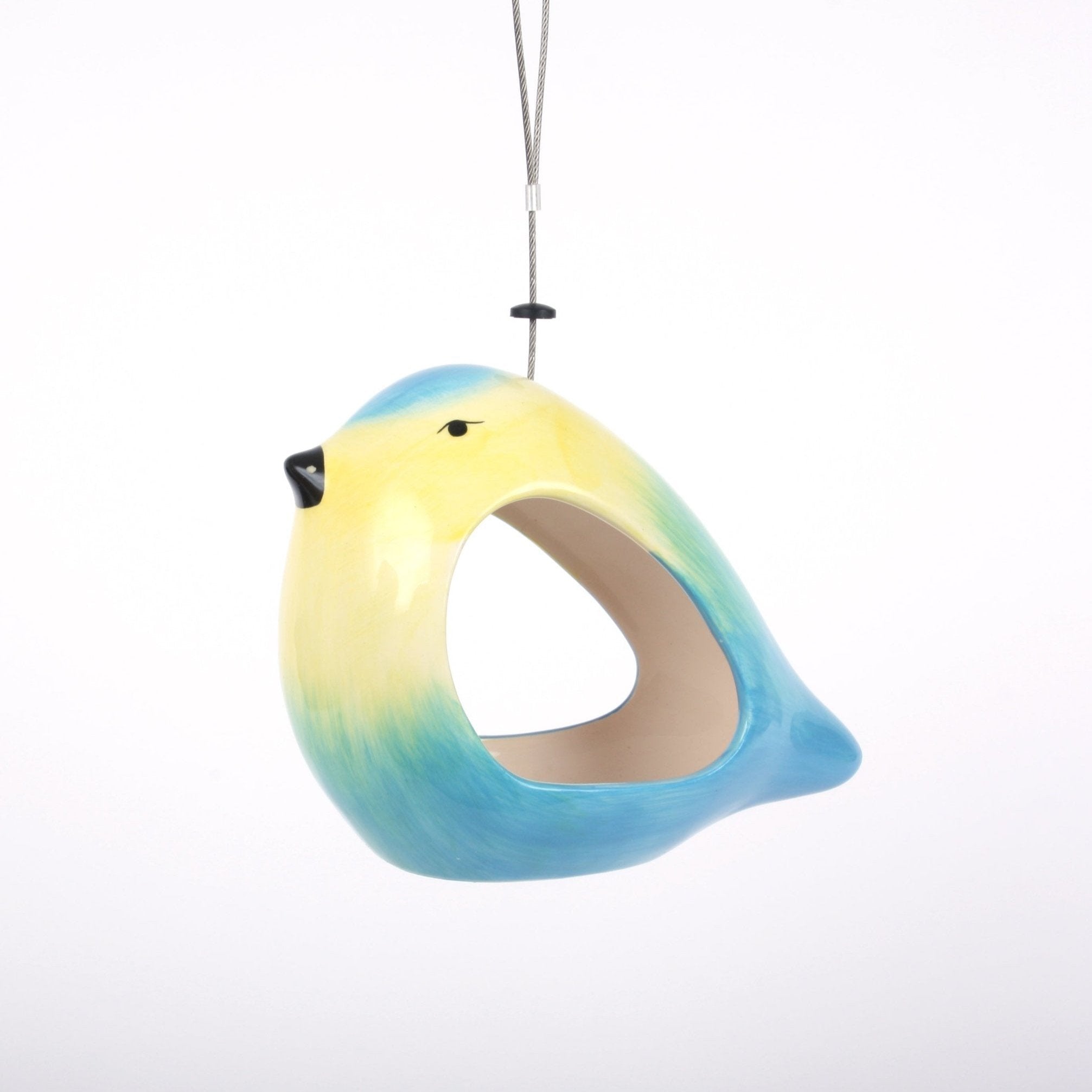 Ceramic Blue Tit Bird Feeder, bird-shaped design in vibrant blue and yellow colors, sleek ceramic finish, open entrance for easy bird access, suspended with a durable hanging wire, modern and stylish garden accessory