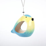 Ceramic Blue Tit Bird Feeder, bird-shaped design in vibrant blue and yellow colors, sleek ceramic finish, open entrance for easy bird access, suspended with a durable hanging wire, modern and stylish garden accessory