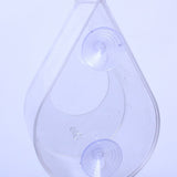Transparent dewdrop-shaped window bird feeder, made of clear acrylic, featuring two suction cups for secure window attachment, lightweight and modern design, rope accent for optional hanging, empty open tray design, minimalistic bird feeder style