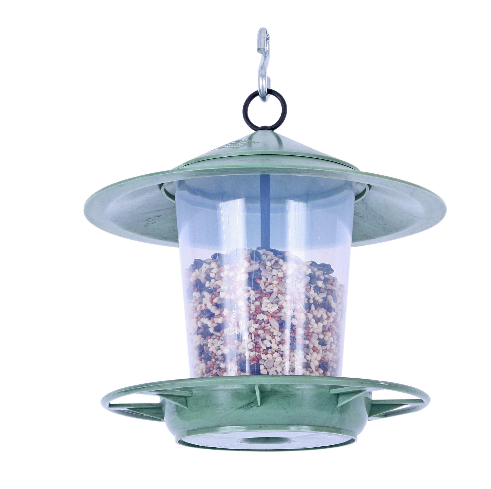 Eco Beacon Hanging Bird Feeder - The Irish Gardener Store Eco Beacon Hanging Bird Feeder, green weather-resistant finish, transparent seed container filled with mixed birdseed, wide overhanging roof for rain protection, circular base with multiple feeding ports, sturdy hanging hook at the top, eco-friendly and functional design