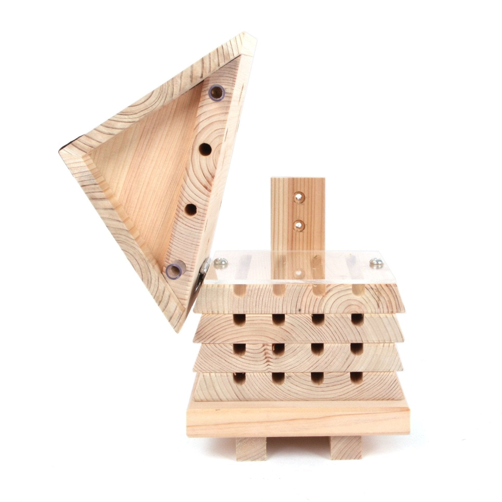 interactive Solitary Bee Hive - The Irish Gardener Store Interactive Solitary Bee Hive, wooden structure with a pitched roof, featuring multiple rows of drilled holes for nesting, stackable layers with inspection access, natural wood finish, eco-friendly design, suitable for mason bees and other solitary bee species, ideal for gardens or educational settings