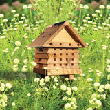 Interactive Solitary Bee Hive - The Irish Gardener Store Interactive Solitary Bee Hive, wooden structure with a pitched roof, featuring multiple rows of drilled holes for nesting, stackable layers with inspection access, natural wood finish, eco-friendly design, suitable for mason bees and other solitary bee species, ideal for gardens or educational settings