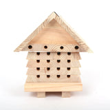 Interactive Solitary Bee Hive - The Irish Gardener Store Interactive Solitary Bee Hive, wooden structure with a pitched roof, featuring multiple rows of drilled holes for nesting, stackable layers with inspection access, natural wood finish, eco-friendly design, suitable for mason bees and other solitary bee species, ideal for gardens or educational settings