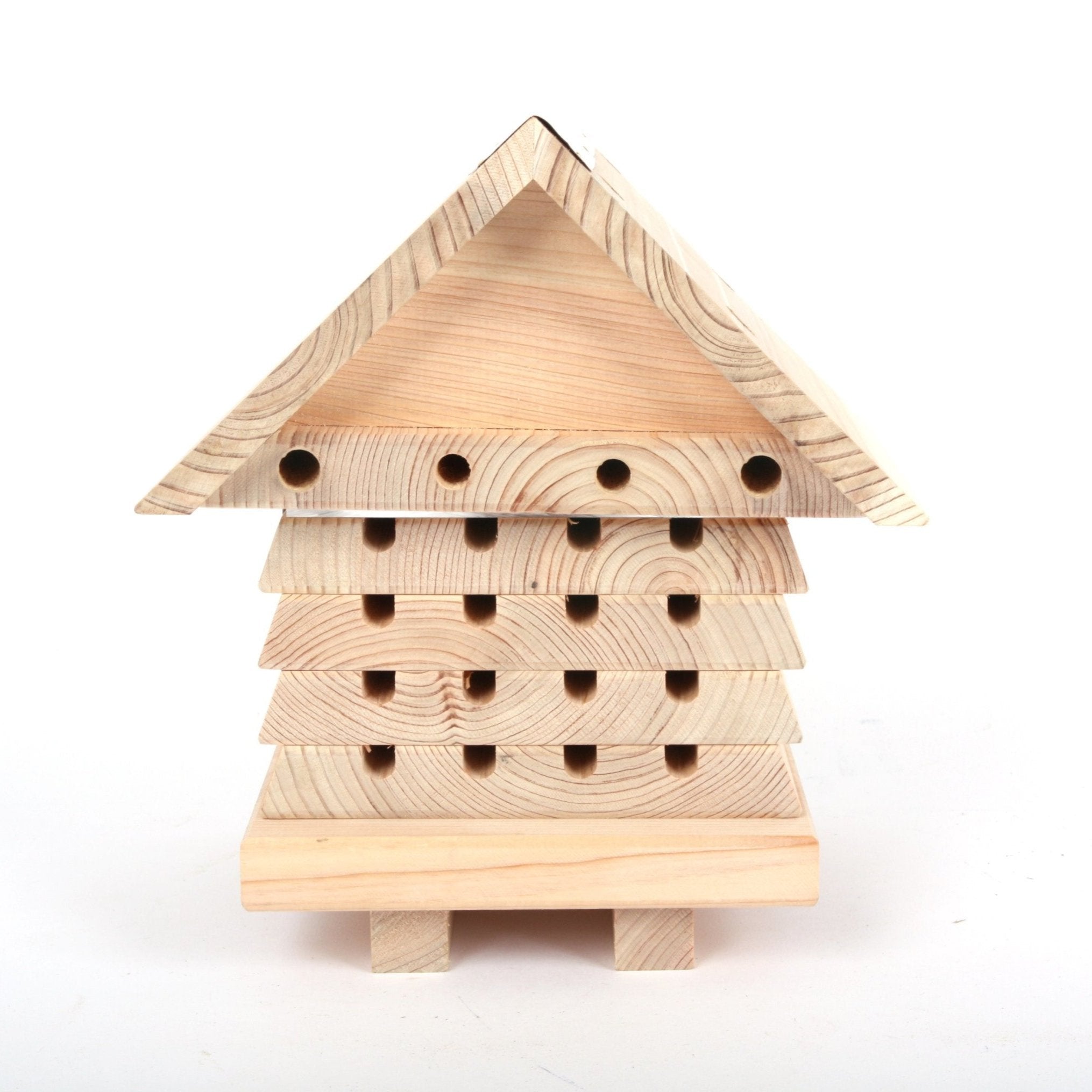 Interactive Solitary Bee Hive - The Irish Gardener Store Interactive Solitary Bee Hive, wooden structure with a pitched roof, featuring multiple rows of drilled holes for nesting, stackable layers with inspection access, natural wood finish, eco-friendly design, suitable for mason bees and other solitary bee species, ideal for gardens or educational settings