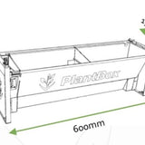 Diagram of the PlantBox Living Wall System with dimensions labeled: 600mm width, 200mm height, and 350mm depth, showcasing its compact and modular design, Plant Box Living Wall System - The Irish Gardener Store