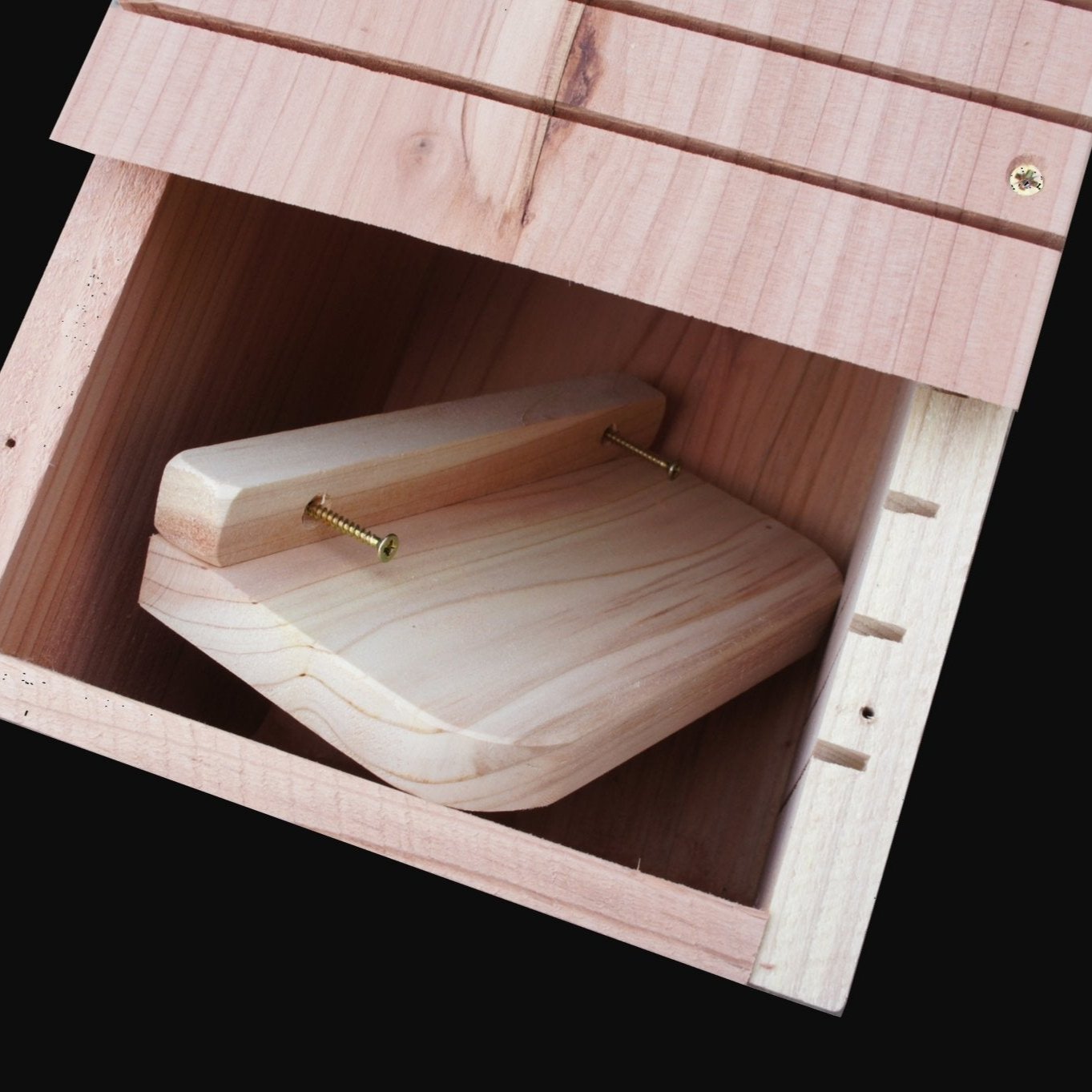 Red Squirrel Nest Box - The Irish Gardener Store Red Squirrel Nest Box, interior view, natural wooden finish, removable panel for easy cleaning, spacious design, built-in grooves for ventilation, durable construction, eco-friendly materials, ideal for red squirrel nesting, wildlife-friendly shelter, suitable for outdoor installation