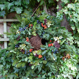 Simon King Wreath Nester - The Irish Gardener Store Simon King Wreath Nester hanging on a stone wall, adorned with natural foliage and berries, eco-friendly bird nester, decorative wildlife habitat, rustic garden feature, sustainable nesting solution for small birds, handcrafted wreath design, outdoor bird-friendly accessory, vibrant greenery and colorful berries