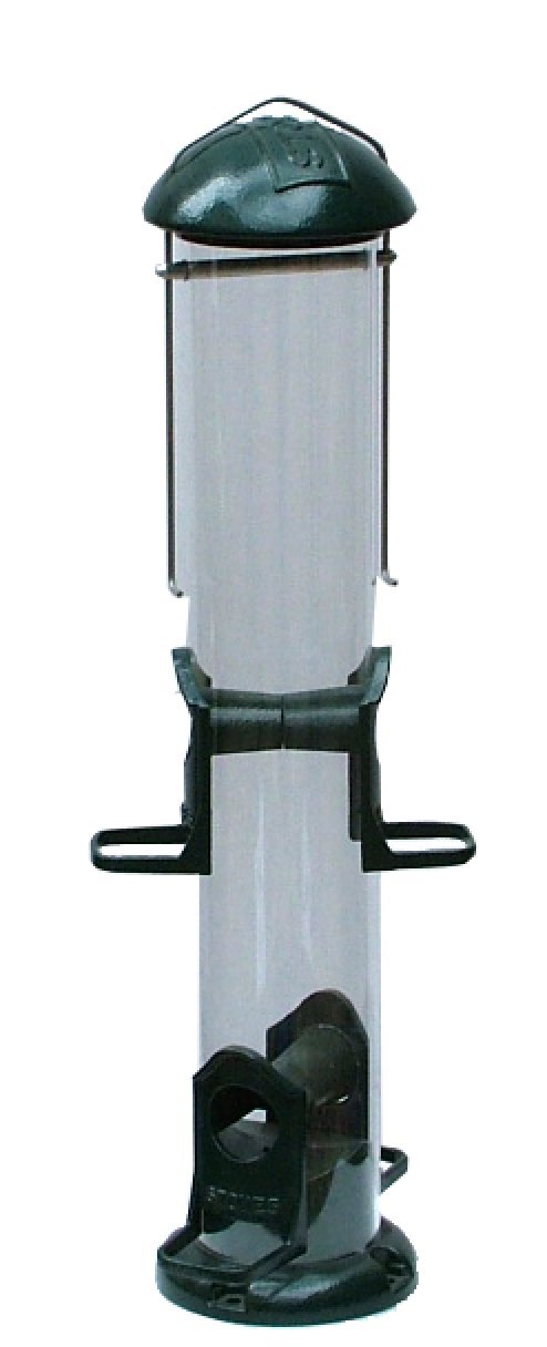 Supreme Bird Seed Feeder - The Irish Gardener Store clear plastic tube Supreme Bird Seed Feeder, two feeding ports with perches, dark green top and base, hanging design, ideal for wild bird feeding, durable outdoor feeder