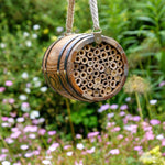 The Bee Barrel - The Irish Gardener Store rustic wooden bee barrel, hanging pollinator habitat, bamboo nesting tubes, eco-friendly design, bee nesting barrel, garden decoration for pollinators, sustainable bee shelter, wildlife garden accessory, wooden barrel bee home, rope hanging bee habitat