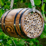 The Bee Barrel - The Irish Gardener Store rustic wooden bee barrel, hanging pollinator habitat, bamboo nesting tubes, eco-friendly design, bee nesting barrel, garden decoration for pollinators, sustainable bee shelter, wildlife garden accessory, wooden barrel bee home, rope hanging bee habitat