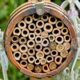 The Bee Barrel - The Irish Gardener Store rustic wooden bee barrel, hanging pollinator habitat, bamboo nesting tubes, eco-friendly design, bee nesting barrel, garden decoration for pollinators, sustainable bee shelter, wildlife garden accessory, wooden barrel bee home, rope hanging bee habitat