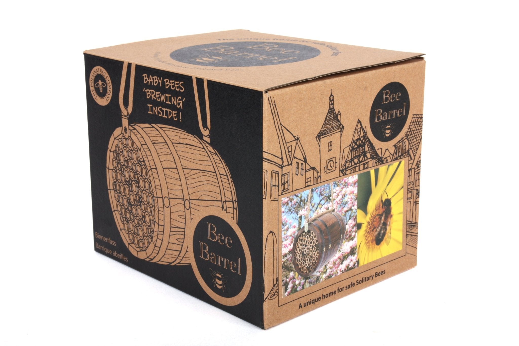 The Bee Barrel - The Irish Gardener Store eco-friendly packaging for bee barrel, sustainable bee home box, cardboard packaging with bee design, bee barrel product box, illustration of bee habitat on box, unique solitary bee home packaging, garden accessory product box, informative bee barrel packaging design, nature-inspired packaging for bee barrel