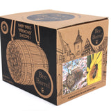 The Bee Barrel - The Irish Gardener Store eco-friendly packaging for bee barrel, sustainable bee home box, cardboard packaging with bee design, bee barrel product box, illustration of bee habitat on box, unique solitary bee home packaging, garden accessory product box, informative bee barrel packaging design, nature-inspired packaging for bee barrel