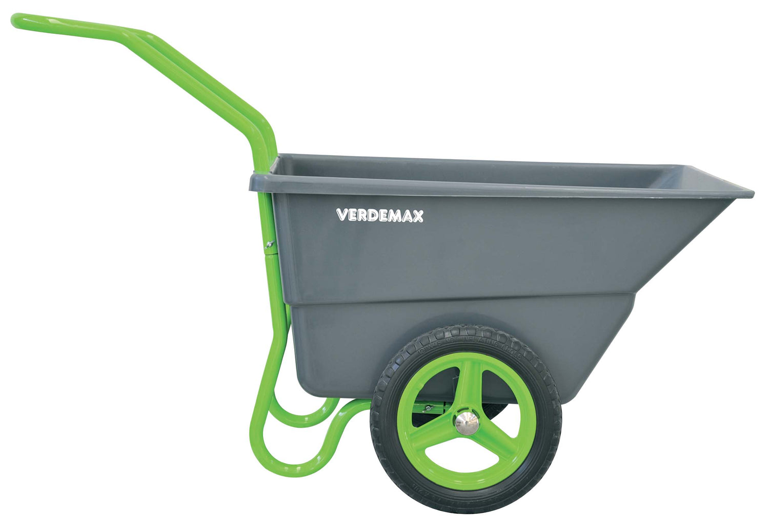 Image showcasing the Verdemax Multipurpose Wheelbarrow, featuring a unique one-handed design for effortless maneuverability and tiltable functionality for easy loading and unloading. The wheelbarrow is depicted outdoors, ready for use in various landscaping and gardening projects.