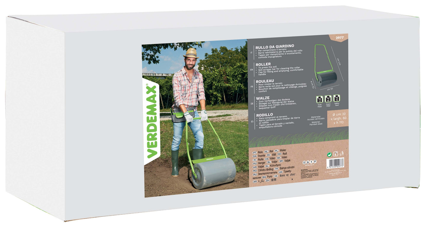 Image of the Verdemax Garden Roller, showcasing its sturdy construction and convenient handle for easy maneuverability. The roller is filled with water and shown being used to flatten and smooth out the soil in a garden bed.