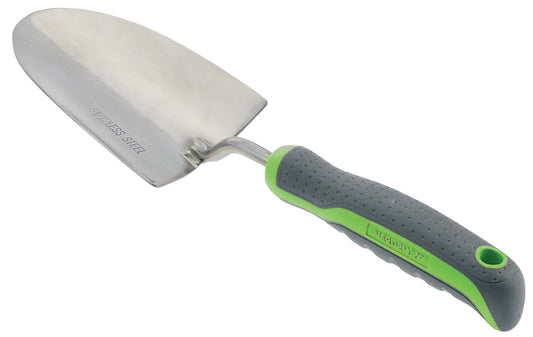 Verdemax Stainless Steel Trowel featuring a stainless steel blade and a grey and green ergonomic handle. The trowel is designed for easy and precise digging, planting and weeding in the garden.