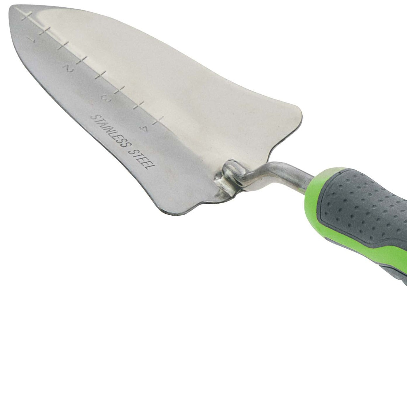 Verdemax Steel Transplanter Trowel featuring a stainless steel blade with an engraved depth gauge up to 100mm (4 inches) and a grey and green ergonomic handle. The trowel is designed for easy and precise transplanting in the garden.