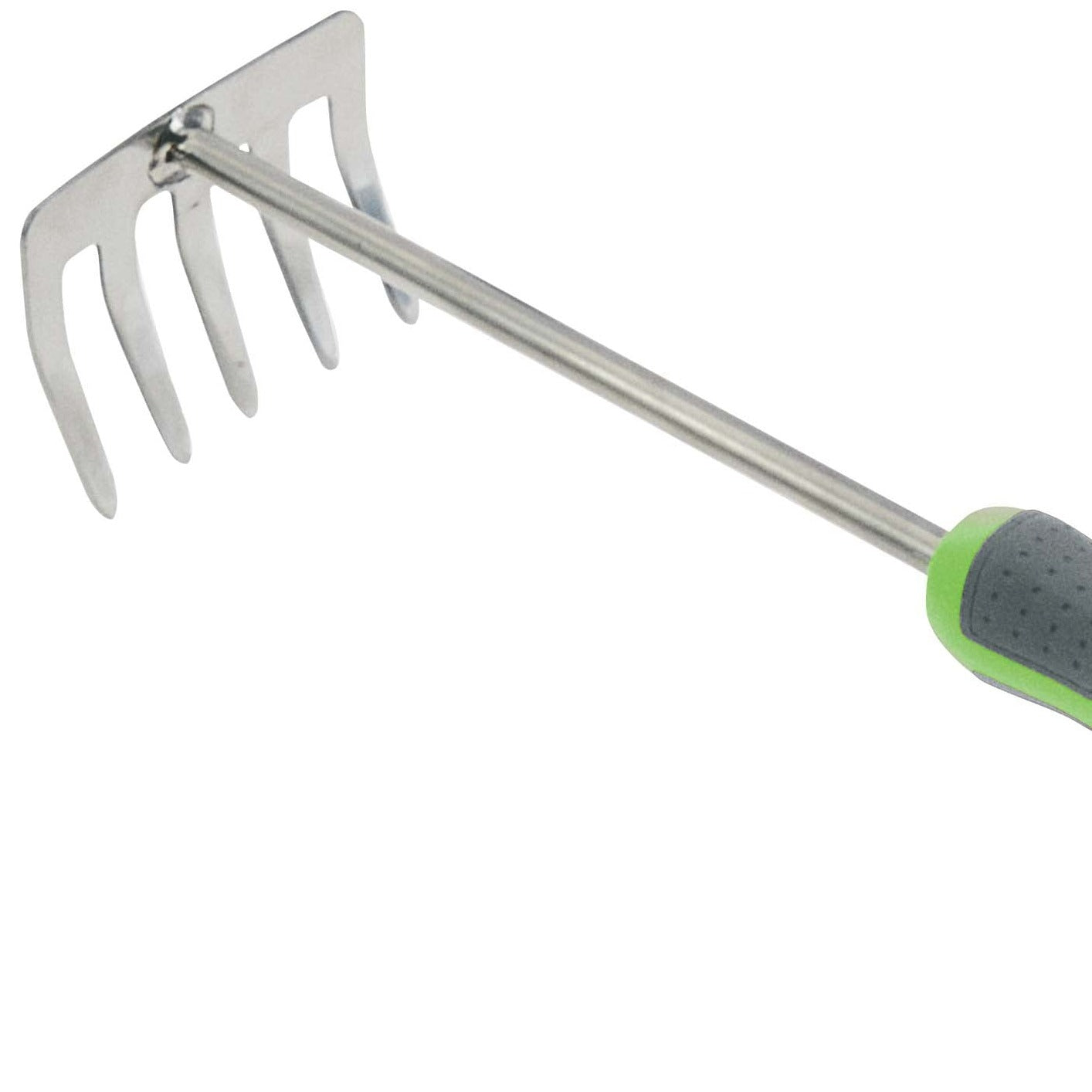 Verdemax Stainless Steel Hand Rake featuring a durable stainless steel head with five tines and a sturdy, ergonomic grey and green handle. The rake is designed for comfortable use and long-lasting performance, ideal for various gardening tasks