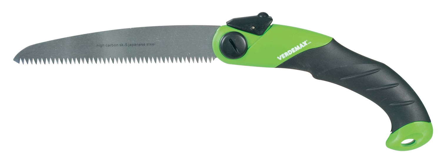 Verdemax Folding Saw with a green and black ergonomic handle. The blade is made from high carbon SK-5 Japanese steel, featuring deep cutting teeth for effective pruning. The saw is shown in its open position, highlighting its compact and efficient design for precise cutting tasks