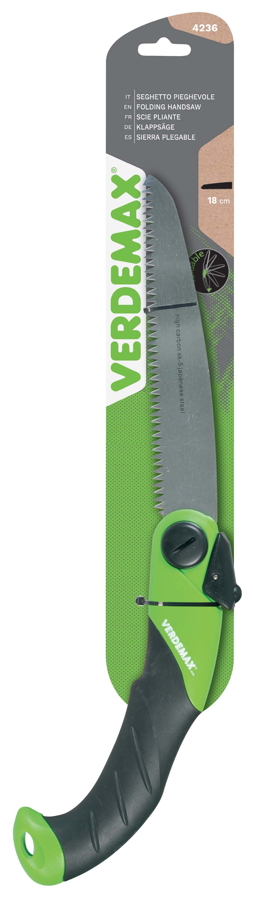 Verdemax Folding Saw in its packaging. The packaging features a modern design with green and grey colors. The saw has a green and black ergonomic handle and an 18 cm high carbon SK-5 Japanese steel blade with deep cutting teeth. The compact and foldable design ensures easy storage and portability.