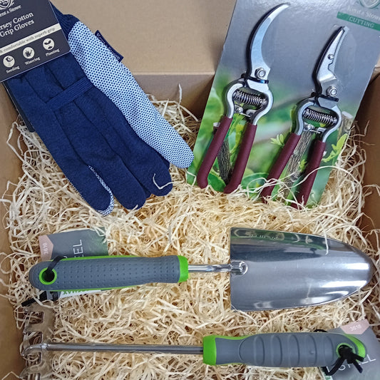 Green Fingers Christmas Gift Box, Steel Gardening Trowel, Steel Gardening Rake, Secateurs Twin pack