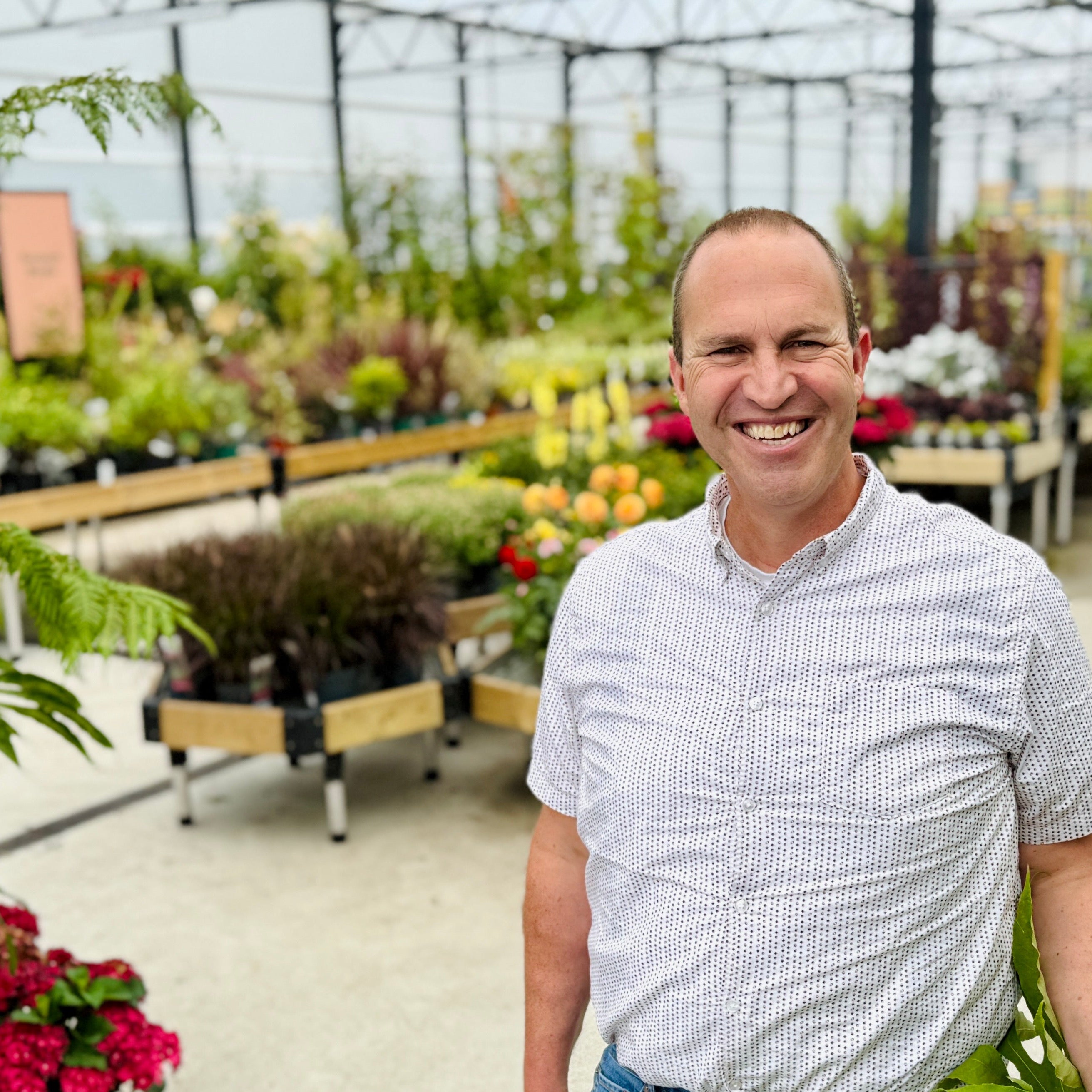 Peter Dowdall media personality in plant area of a garden centre in Bandon, Cork