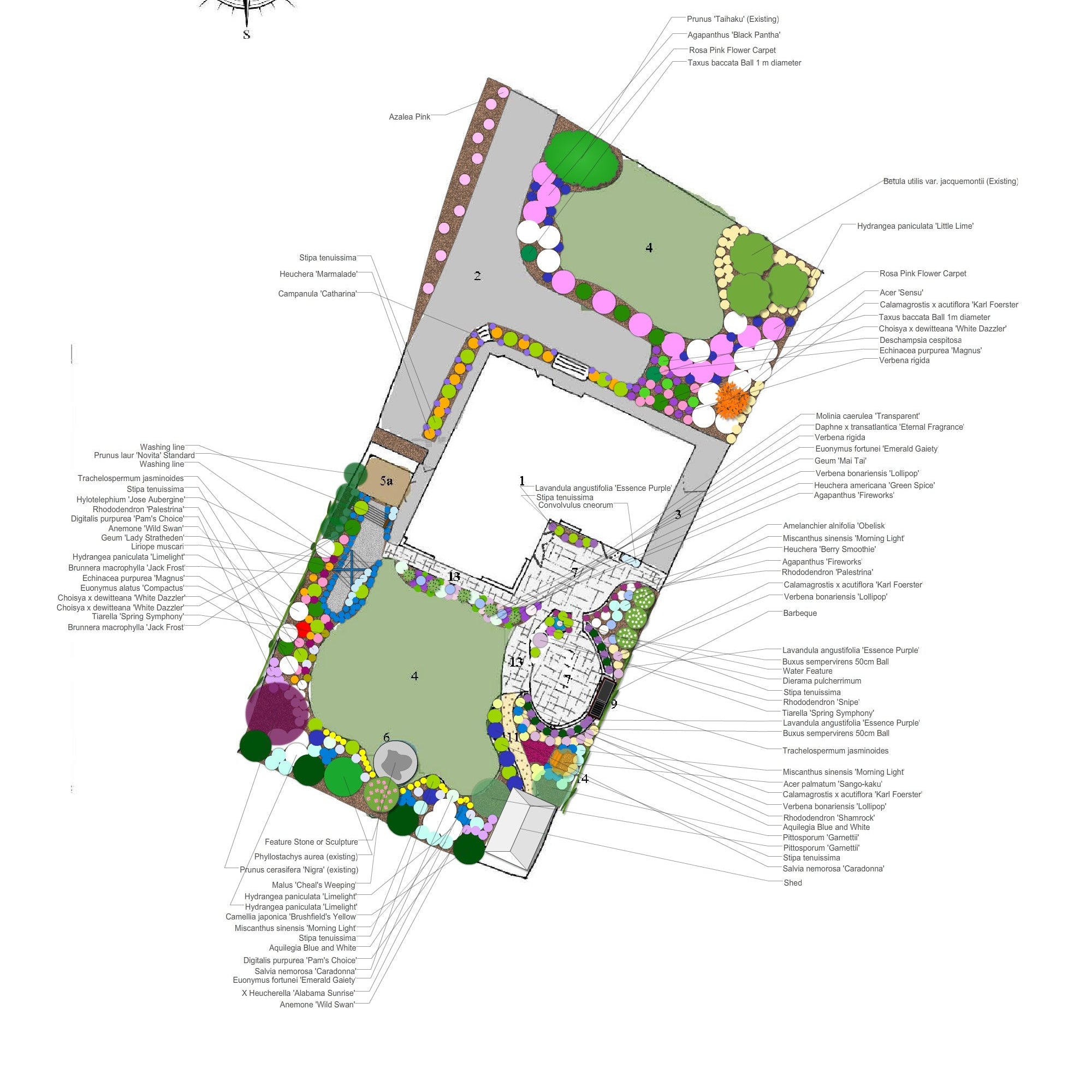 Garden layout plan by Peter Dowdall with labeled sections and a compass rose on a white background