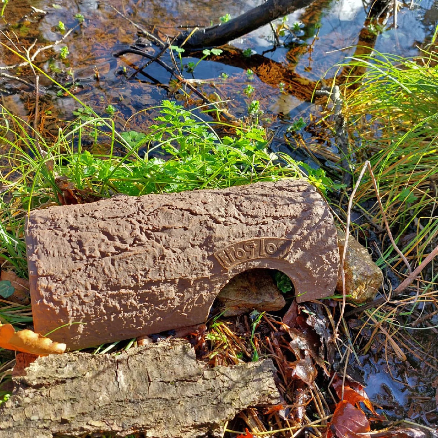 Simon King Frog Log, an eco-friendly amphibian shelter made from durable, recyclable CLAYPLAS material, designed to look like a natural wooden log. Positioned beside a pond with lush grass, water reflections, and woodland debris, the Frog Log provides a safe, shaded refuge for frogs and toads in wildlife-friendly gardens.