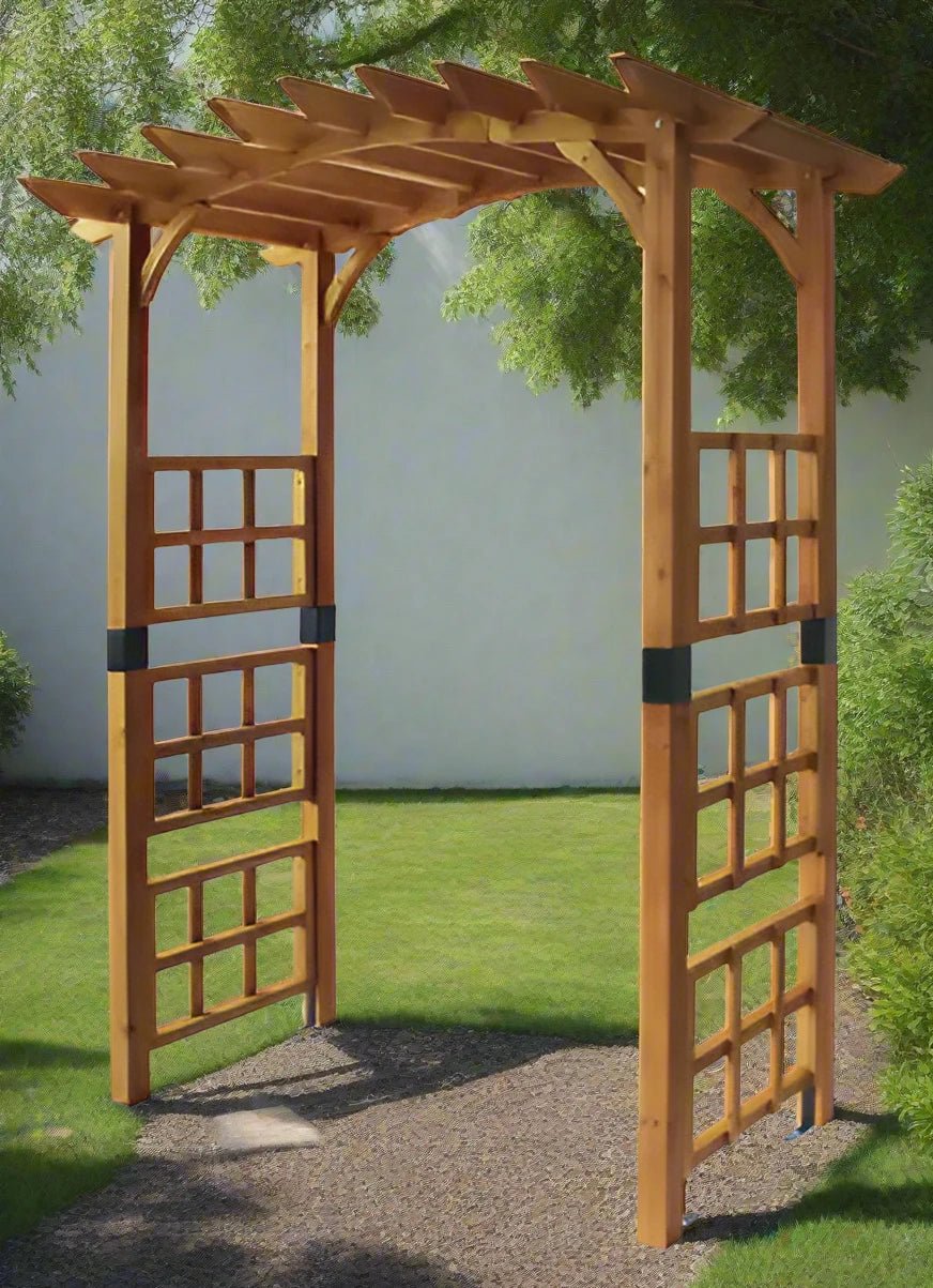 Image of the Ardleigh Arch in a garden setting, showcasing its natural finish and FSC 100-certified wood construction.