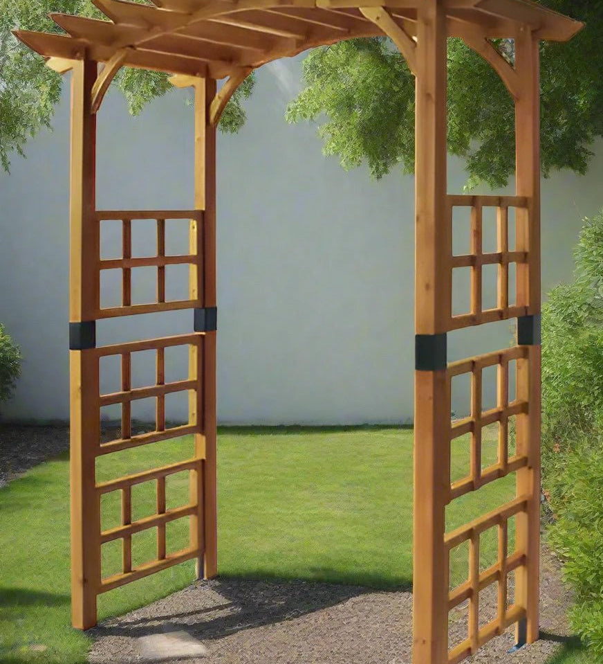 Image of the Ardleigh Arch in a garden setting, showcasing its natural finish and FSC 100-certified wood construction.