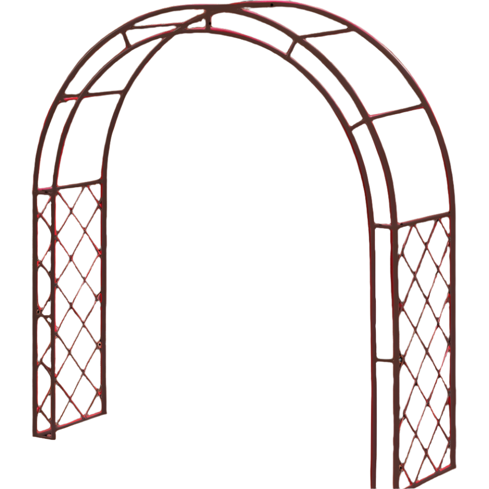 Sturdy metal garden arch with a decorative lattice side design, isolated on a transparent background, ideal for supporting climbing plants such as roses, ivy, and clematis.