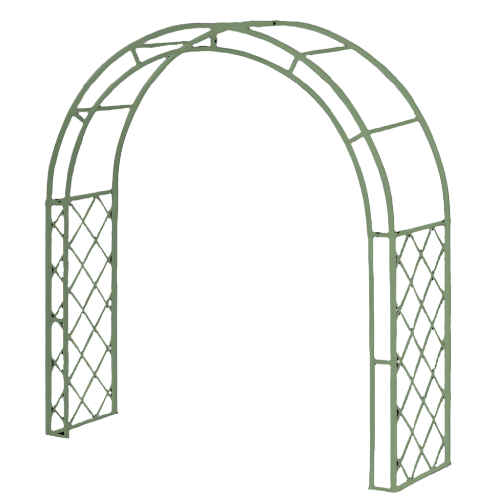 Sturdy green metal garden arch with a decorative lattice side design, isolated on a transparent background, ideal for supporting climbing plants such as roses, ivy, and clematis.