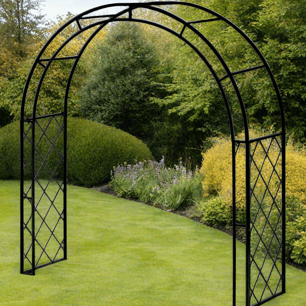 Sturdy black metal garden arch with lattice side panels, set in a lush green garden, ideal for supporting climbing plants such as roses, clematis, and ivy.