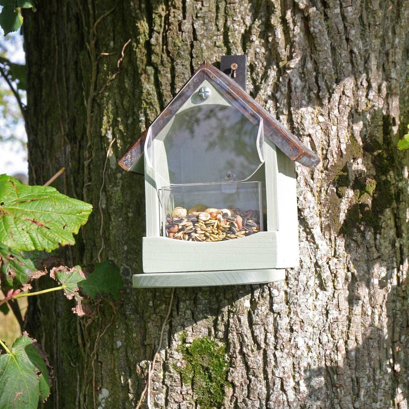 Craftsman Squirrel Feeder - The Irish Gardener Store Craftsman squirrel feeder mounted on a tree trunk, featuring a house-shaped design with a slanted metal roof, light green wooden frame, clear acrylic seed compartment filled with nuts and seeds, and a front perch for easy access