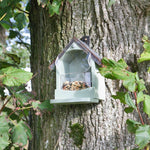 Craftsman Squirrel Feeder - The Irish Gardener Store Craftsman squirrel feeder mounted on a tree trunk, featuring a house-shaped design with a slanted metal roof, light green wooden frame, clear acrylic seed compartment filled with nuts and seeds, and a front perch for easy access