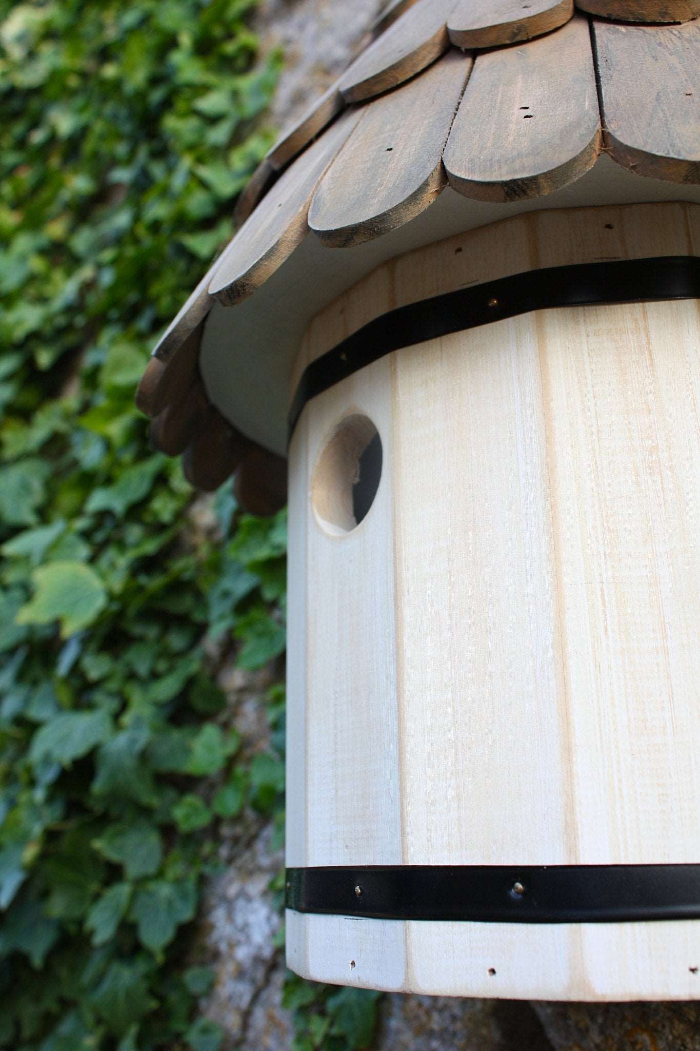 Dovecote Nest Box - The Irish Gardener Store Wooden dovecote nest box, featuring a traditional round design, scalloped wooden roof with natural finish, small circular entry hole, decorative white finial on top, mounted against a backdrop of lush green ivy, elegant and rustic birdhouse design