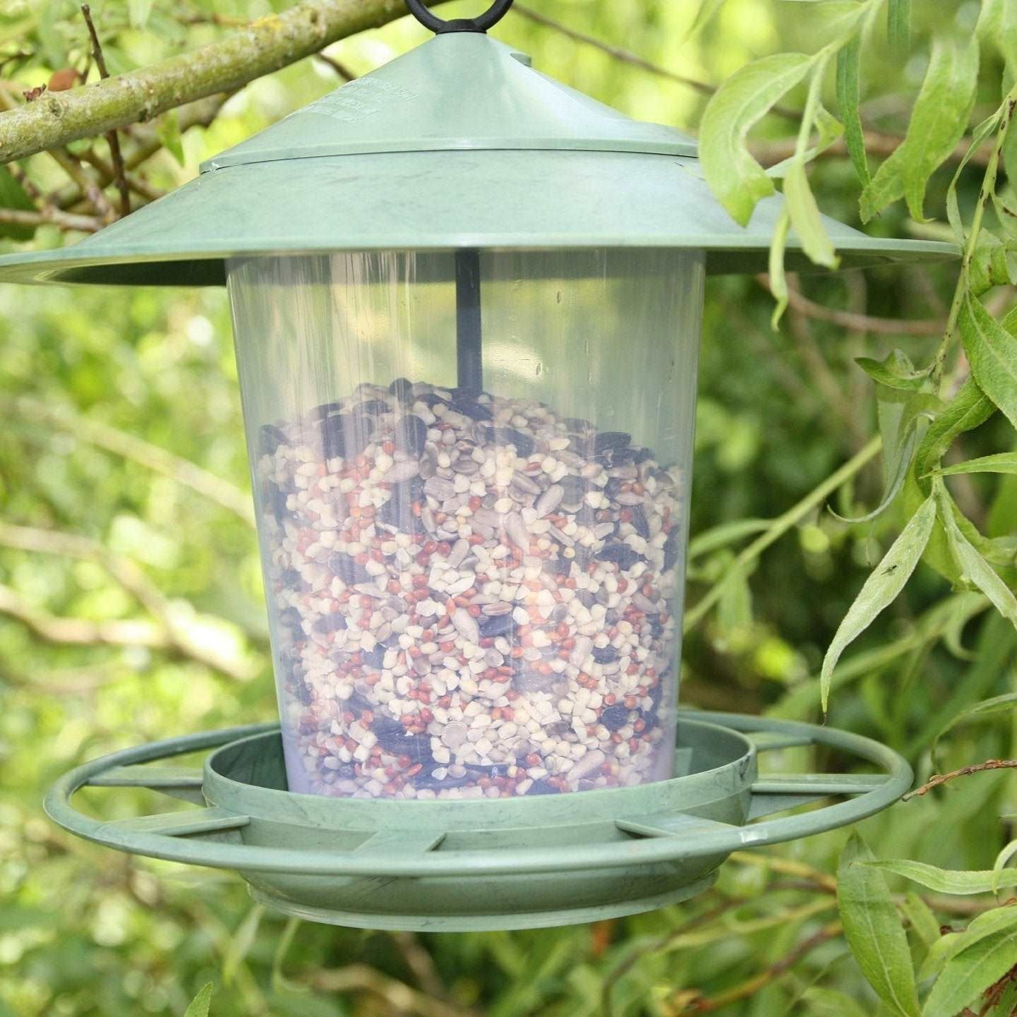 Eco Beacon Hanging Bird Feeder - The Irish Gardener Store Eco Beacon Hanging Bird Feeder, green weather-resistant finish, transparent seed container filled with mixed birdseed, wide overhanging roof for rain protection, circular base with multiple feeding ports, sturdy hanging hook at the top, eco-friendly and functional design