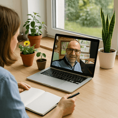 Peter Dowdall on screen of laptop advising a client on her garden during an online garden guidance session