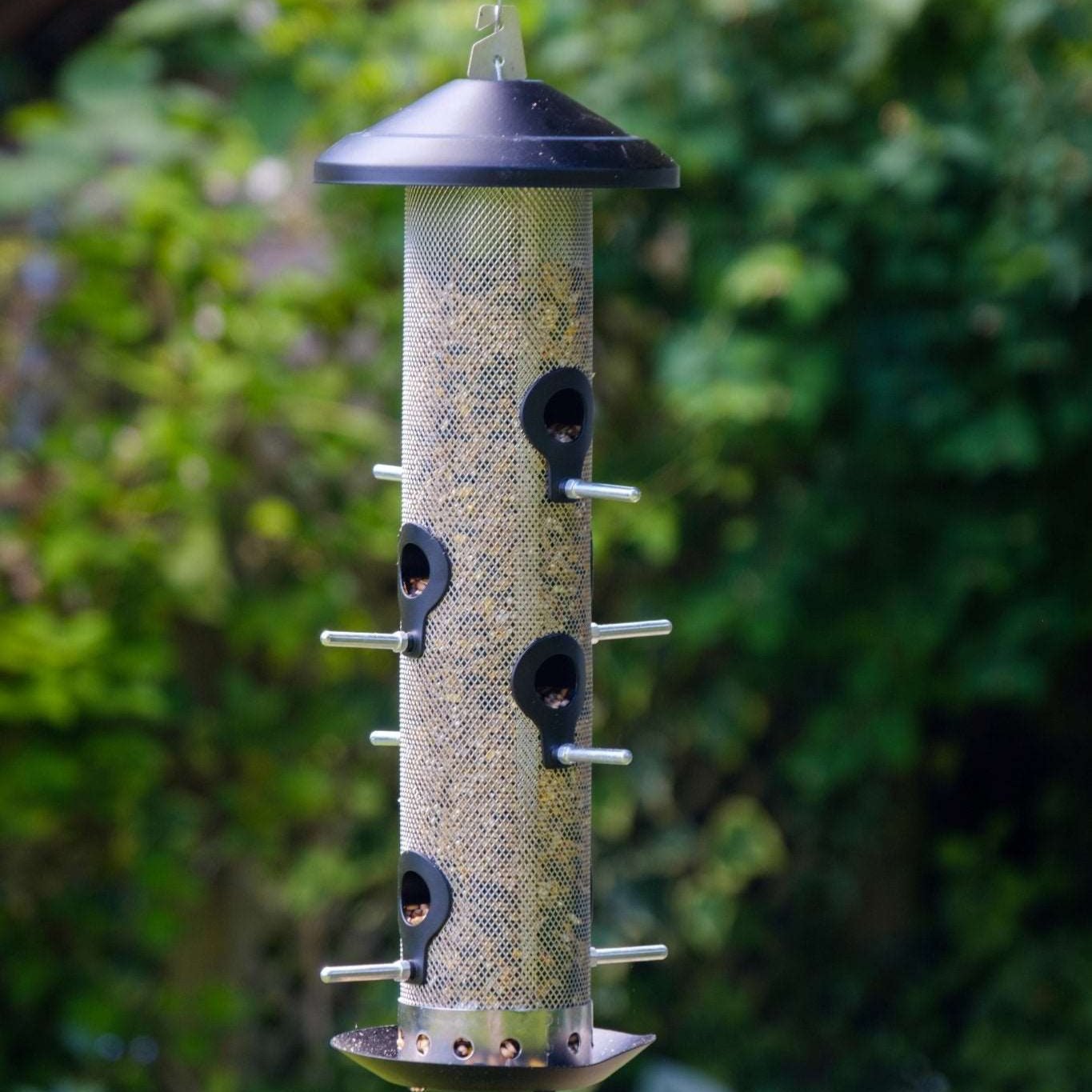 Giant Bird Seed Feeder - The Irish Gardener Store Giant bird seed feeder, tall cylindrical design, metal mesh body, black weather-resistant top and base, multiple feeding ports with perch attachments, hanging wire for easy installation, ideal for attracting multiple bird species