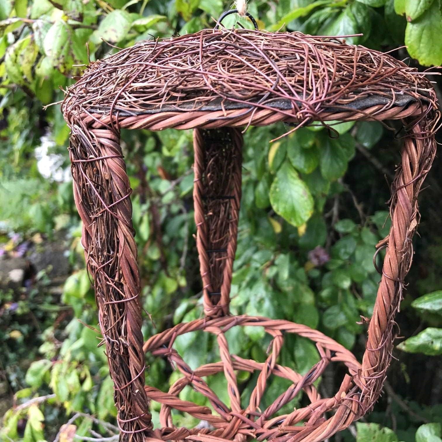 Open Nest Buddy - The Irish Gardener Store Open Nest Buddy, rustic woven design, crafted from natural twigs and moss, open-front structure, hanging from a tree branch, surrounded by green foliage, eco-friendly bird shelter, suitable for robins and other open-nesting birds, decorative and functional garden feature