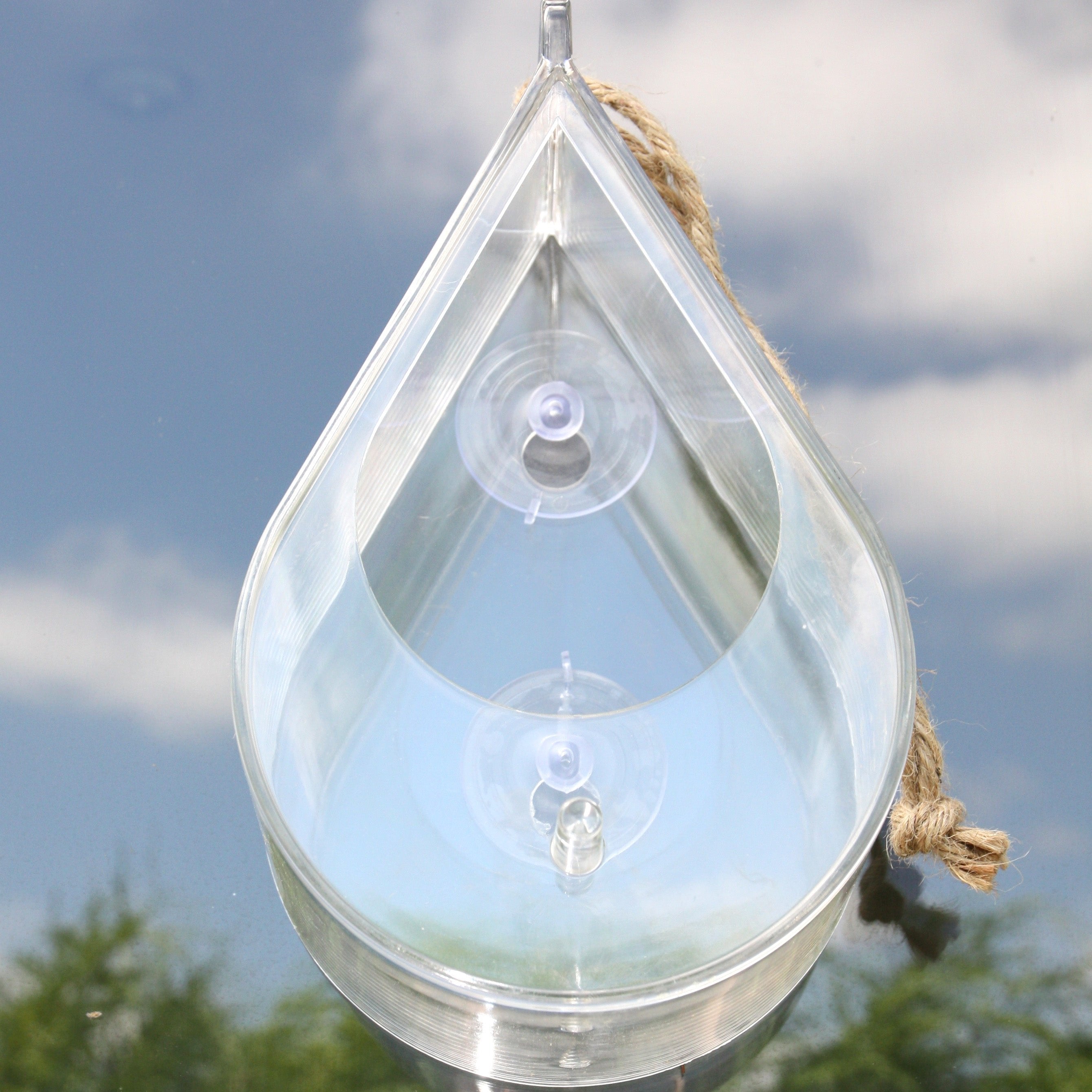 Transparent dewdrop-shaped window bird feeder, made of clear acrylic, attached to a window with suction cups,  rope accent for decorative touch, modern bird feeder design, surrounded by blurred greenery in the background