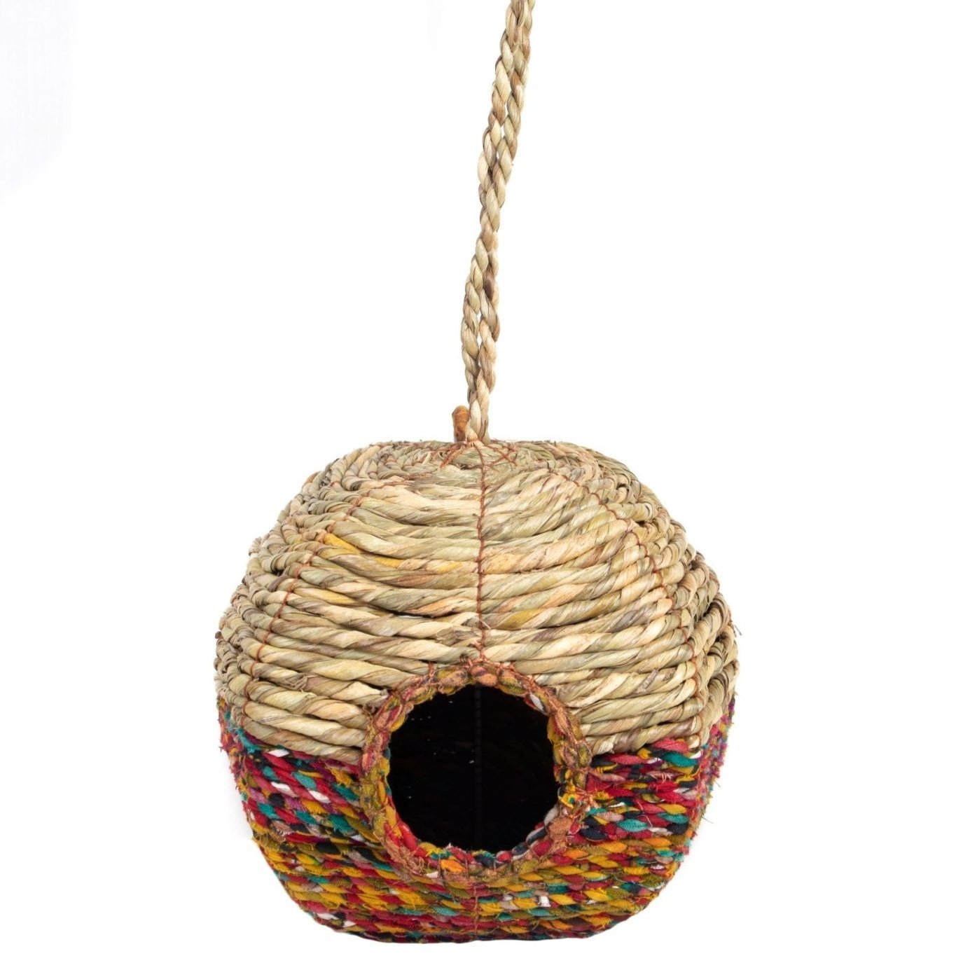
A spherical Anita Artisan Bird Nester crafted from natural woven fibers, featuring a colorful multicolored base, a round central entrance hole, and a sturdy braided hanging rope, designed as a decorative and functional shelter for small garden birds.