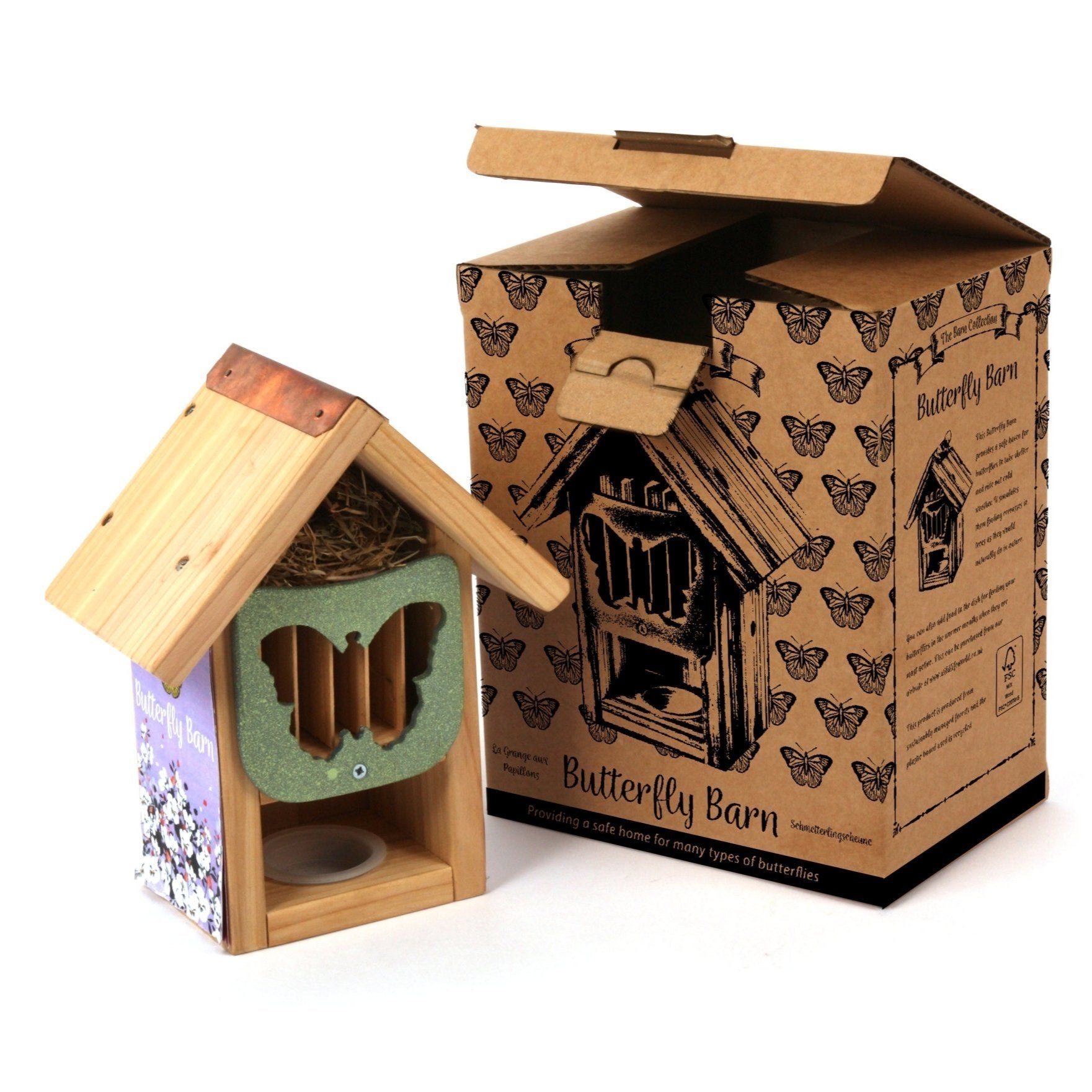 "Butterfly Barn, wooden construction with butterfly-shaped entrance, eco-friendly design, copper roof detail, natural nesting materials inside, packaged in a decorative cardboard box, ideal for supporting pollinators, sustainable garden accessory"