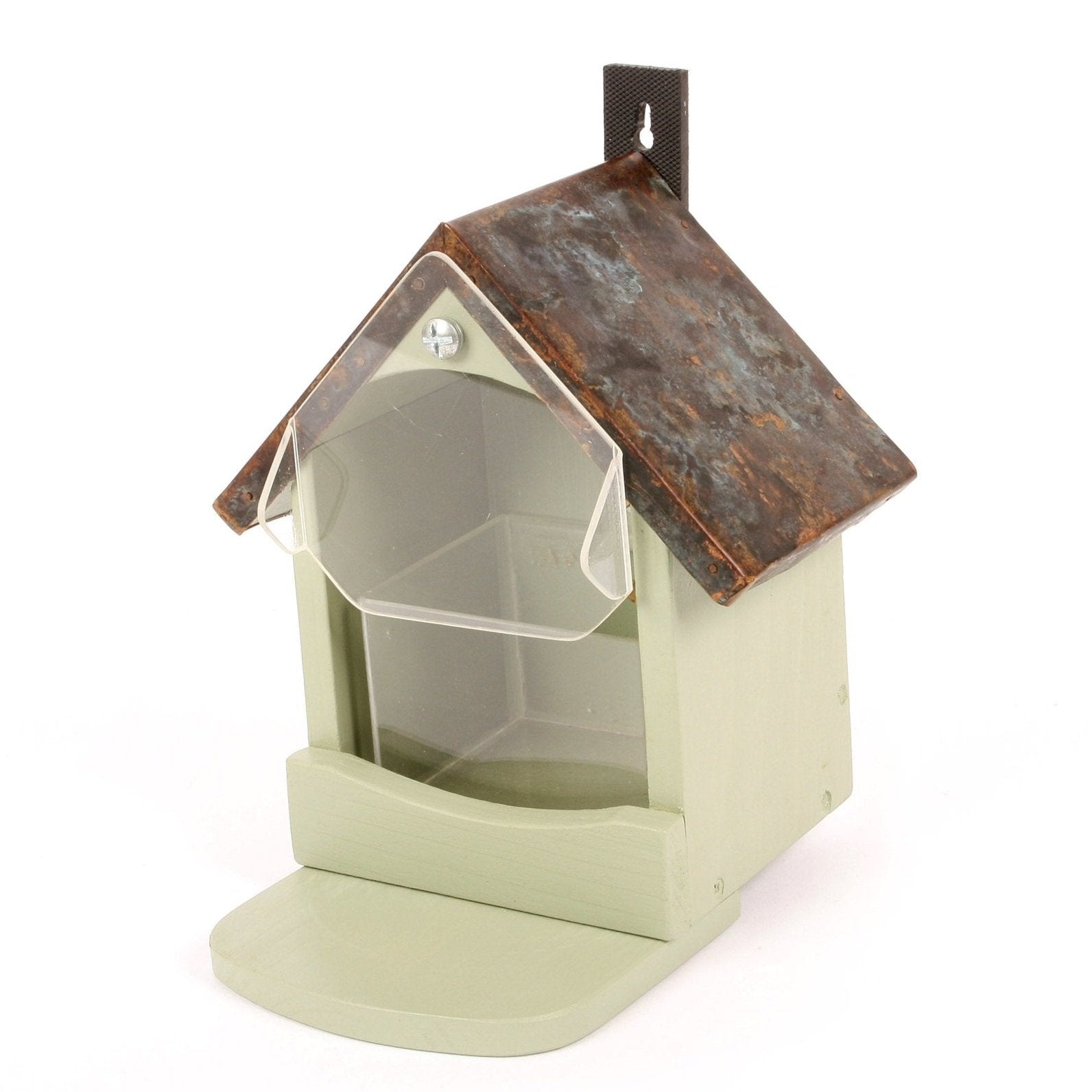 Craftsman Squirrel Feeder - The Irish Gardener Store Craftsman squirrel feeder  featuring a house-shaped design with a slanted metal roof, , clear acrylic seed compartment, and a front perch for easy access